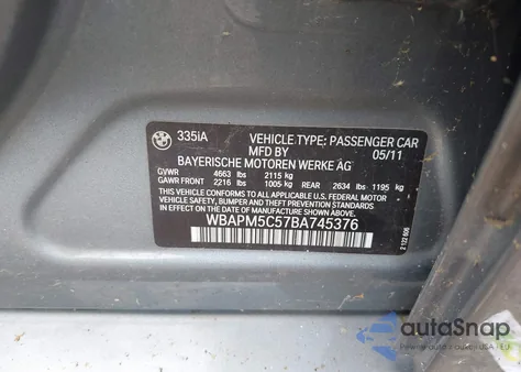 2011 BMW 335I z USA, uszkodzony, nr VIN WBAPM5C57BA745376